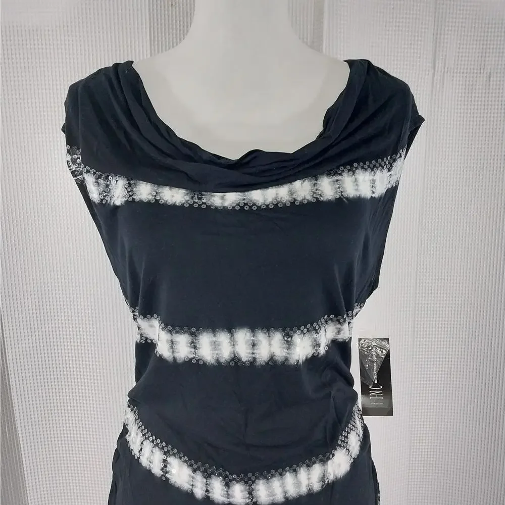 NWT! INC! BLACK & WHITE TYE-DYED SEQUIN TRIMMED DRAPEY NECK TOP, SHIRT! SZ XL - Picture 3 of 9